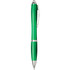 A green ballpoint pen with a silver clip and accents, featuring a branding logo.