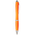 An orange ballpoint pen with silver accents and a clip, featuring a logo on its surface.