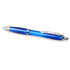 A blue ballpoint pen with a sleek design and a silver clip, featuring a logo on its body.