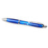 A blue ballpoint pen with a silver clip and a logo on the barrel, made from recycled PET material.