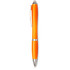 An orange ballpoint pen with silver accents and a clip, featuring a logo.