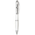 A white ballpoint pen with a silver clip and a logo on the barrel.