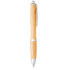 A bamboo ballpoint pen with silver accents and a logo, featuring a sleek, natural wood design.