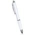 A ballpoint pen with an all-white plastic body and chrome accents, featuring a logo on its surface.