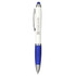A blue and white antibacterial pen with a stylus tip and a silver clip, featuring a logo.