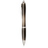 A ballpoint pen featuring a sleek design, a silver trim, and recycled materials. It uses blue ink.