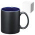 A ceramic mug with a matte black exterior and a glossy navy blue interior, accompanied by a white box.