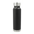 A drink bottle featuring a sleek black design with a metal straw lid and a silver finish at the base.