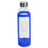 A drink bottle made of glass with a blue silicone cover, featuring a silver screw-top lid and a logo.