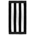 A striped beach towel featuring alternating black and white hues, with a border. It includes branding.