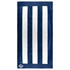 A navy blue and white striped beach towel featuring a logo at the bottom. Soft texture suitable for leisure use.
