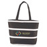 A black insulated cooler bag with white stripes and a logo on the front, featuring sturdy handles.