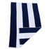 A striped cotton beach towel featuring navy blue and white colours. It has a logo on one side.