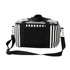 A striped cotton canvas cooler bag in black and white with a detachable shoulder strap. It features a front pocket and branding.
