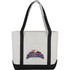 A heavy weight cotton tote bag in cream with black straps and a logo on the front.