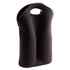 A drink bottle carrier in black neoprene, designed to hold two bottles, featuring a handle for easy transport.