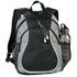 A black and grey backpack featuring a side pocket with a drink bottle and earphones attached.