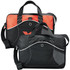 A laptop bag with a black and orange design, featuring two handles and a detachable shoulder strap. It has branding on the front.