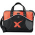 A black and orange laptop bag with handles, a shoulder strap, and a logo.