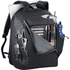 A black computer backpack with multiple pockets, including space for a laptop, pens, and a water bottle.