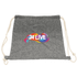 A grey drawstring bag with a colourful logo design and natural-coloured cords.