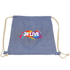 A blue drawstring bag with a branded design in the centre and cream-coloured cords for closure.