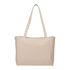 A beige zippered cotton canvas shopper tote with two shoulder straps and a simple design. Features a logo.