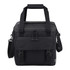 A black cooler bag with carrying handles, shoulder strap, and a front flap featuring buckles. It has a logo on it.