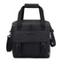 A black cooler bag with dual handles, adjustable strap, and a front flap. It features a logo and compartments.