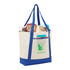 A non-woven tote cooler in cream and blue, with various food items inside and featuring a logo.