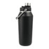 A drink bottle in matte black with a silver cap and handle, featuring a logo on the body.