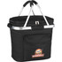 A black cooler bag with silver handles and a front pocket, featuring a logo. Suitable for picnics and outdoor use.