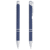 A blue metal ballpoint pen with silver accents and a clip, featuring a sleek, modern design and branding.