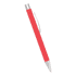 A bright red ballpoint pen with a silver clip and tip, showcasing a sleek metal design.