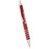 A red ballpoint pen with a silver clip and accents, featuring a logo on the barrel.