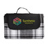A picnic rug featuring a black and white tartan pattern with a logo on the front. It has a convenient carry handle.