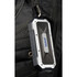 A rugged black and silver Bluetooth speaker with a carabiner attached, featuring a branding logo on the side.