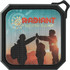 A black, square waterproof Bluetooth speaker with a perforated mesh design and a coloured image featuring silhouettes of people.