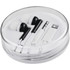 A circular container holding white wired earbuds with multiple tips, a connector, and a small accessory.