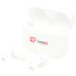White wireless earbuds housed in a matching case, featuring a logo on the front.