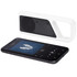 A white Bluetooth speaker with a handle next to a black smartphone displaying music playback. The speaker features a mesh grill.