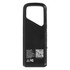 A black Bluetooth speaker with a unique shape and a logo, featuring a QR code and various technical details.