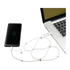 A white 5-in-1 charging cable with a magnetic wrap connected to a laptop and a mobile phone displaying a battery percentage.