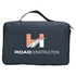 A black zippered bag featuring a logo with orange and white accents, ideal for carrying items.