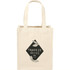 A beige cotton tote bag featuring a logo design, with two sturdy handles and a compact size.