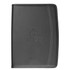 A black imitation leather zip compendium with a curved design and a logo on the front.