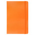 An orange notebook with a smooth finish and elastic band closure, featuring a logo on the front.