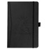 A black, pocket-sized bound journal with an elastic closure and branding on the cover.