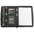 A black imitation leather compendium featuring a calculator, notepad, pen, and pockets for cards and notes.