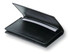 A black leather business card holder featuring two slots for cards and an open design.